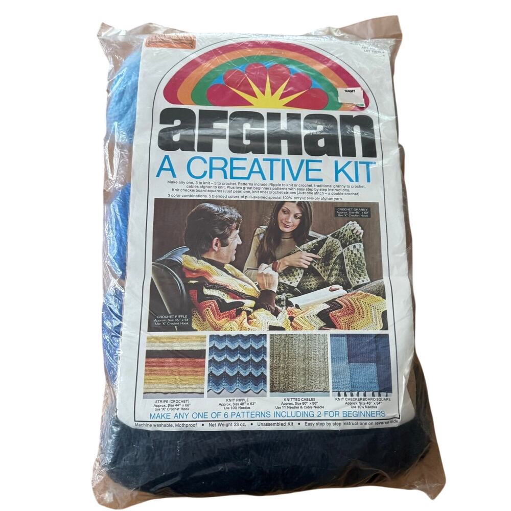 Vintage 70s Yarn Knits Afghan Kit 6 Different Options Acrylic Yarn Skeins Blue
